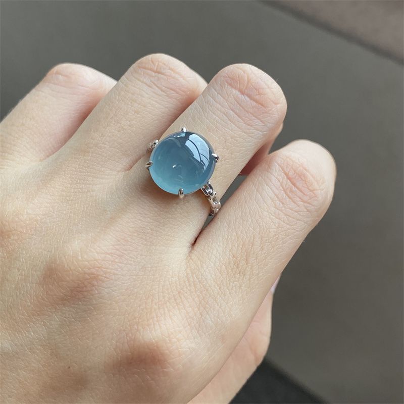 Dolce Vento Ghiaccio Semi Gel Blu Scuro Grande Uovo Superficie Anello Femminile Apertura Regolabile Stile Regalo_voghion.com